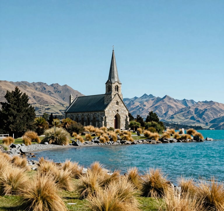 A professional wide shot of the Church of the Good Shepherd at Lake Tekapo, Oceania / New Zealand. The vibrant turquoise water contrasts with the golden tussock grass. The lighting is crisp and clear, emphasizing reliability and the beauty of the South Island.