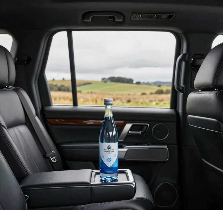 The interior of a premium vehicle showing spacious leather seating and a bottle of artisan water, with a view of the Canterbury plains out of the window in Oceania / New Zealand, soft natural light.