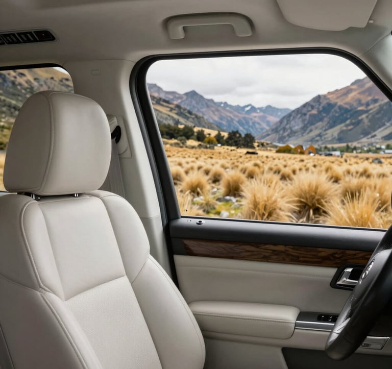A close-up shot of the interior of a luxury vehicle, focusing on a clean off-white leather seat and a window view of the golden tussock landscapes of the Lindis Pass, Oceania / New Zealand. The lighting is soft and professional.