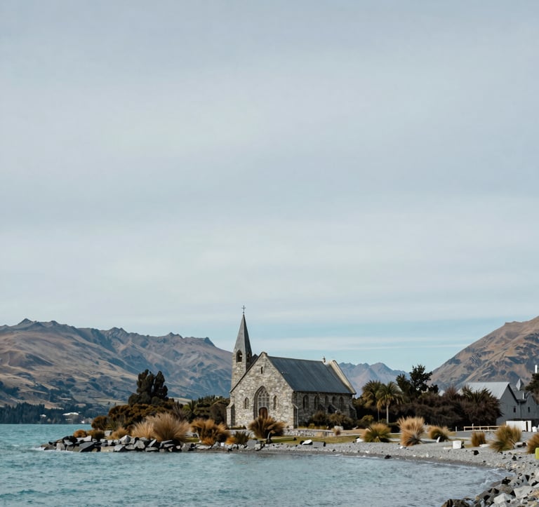 A serene, wide-angle photograph of the Church of the Good Shepherd by the pale blue-grey stone shore of Lake Tekapo, Oceania / New Zealand. The composition captures the muted teal water and the vast, peaceful landscape under a soft, diffused light.