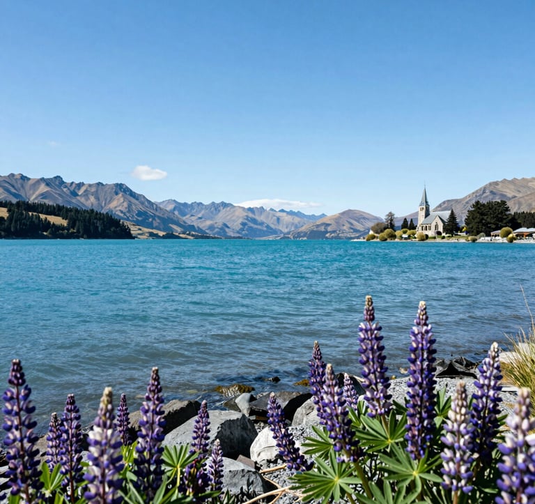 A wide photography shot of the turquoise waters of Lake Tekapo during spring, with purple lupins in the foreground and the Church of the Good Shepherd visible under a clear blue sky in Oceania / New Zealand.