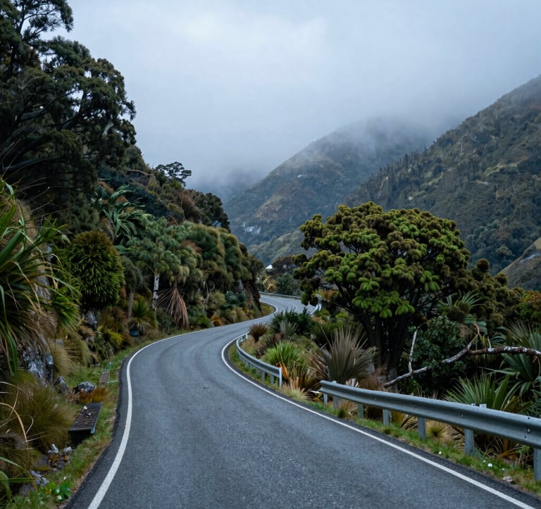 A professional photograph of a winding alpine road leading into the hills near Hanmer Springs, surrounded by lush green forests and a light blue-grey mist in the valley. The atmosphere is serene and inviting, Oceania / New Zealand.
