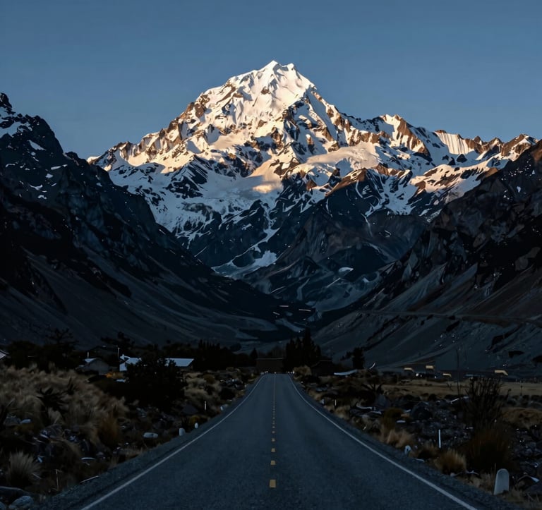 A majestic view of Aoraki / Mount Cook with its peak covered in off-white snow, framed by the dark navy shadows of the surrounding alpine valley. A winding, well-maintained road leads toward the mountain, Oceania / New Zealand, in high-contrast professional landscape photography.