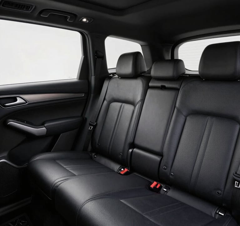 Close-up interior photography of a luxury vehicle cabin in Oceania / New Zealand. Focus on the high-quality dark leather upholstery and spacious legroom, conveying a sense of understated luxury and serene comfort.