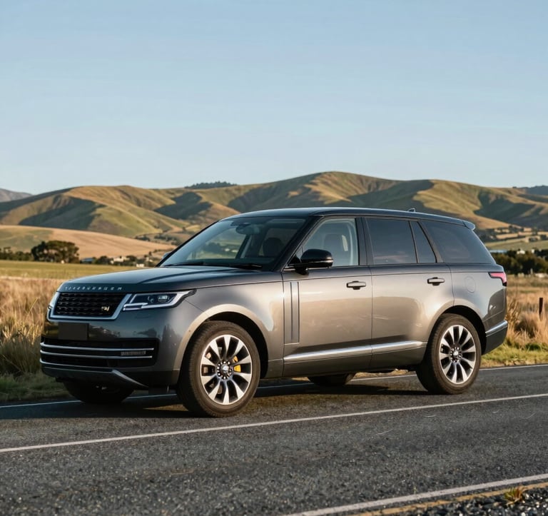 A sleek, dark metallic executive SUV parked on a quiet roadside in the Canterbury Plains, Oceania / New Zealand. In the background, the rolling hills and a clear sky create a feeling of reliable, professional transport. The lighting is crisp and natural.