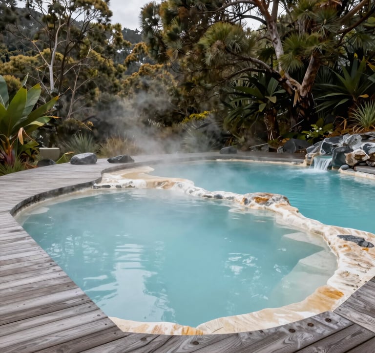 The tranquil hot pools of Hanmer Springs, Oceania / New Zealand, surrounded by lush native trees and wooden decking. The water is steaming slightly in the cool alpine air, creating a luxury spa aesthetic with soft teal and off-white tones.