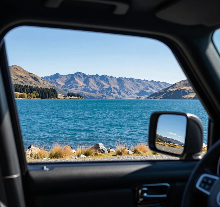 The view through a luxury vehicle's side window of the vibrant blue waters of Lake Tekapo, Oceania / New Zealand. The interior trim of the car is visible in the foreground, framing the stunning natural landscape.