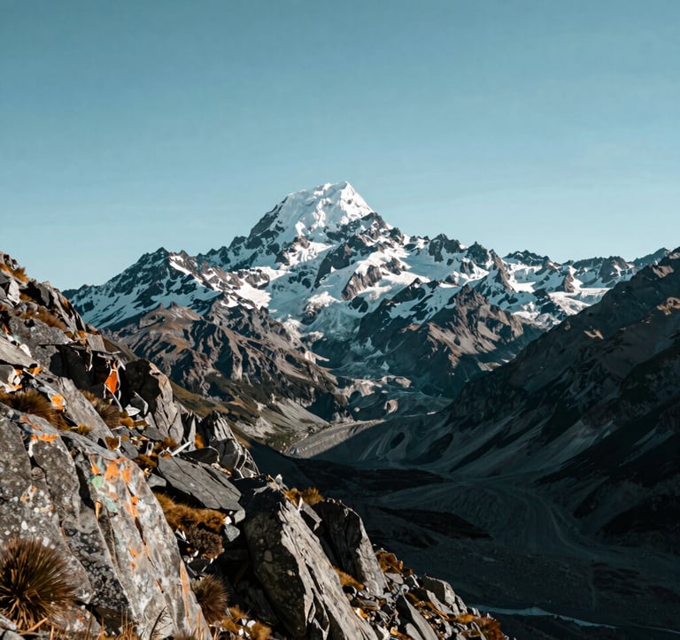 A majestic view of Aoraki Mount Cook under a clear sky, Oceania / New Zealand. The composition focuses on the rugged mountain textures and the vastness of the Southern Alps. The scene is peaceful and high-end, using deep teal and light blue tones.