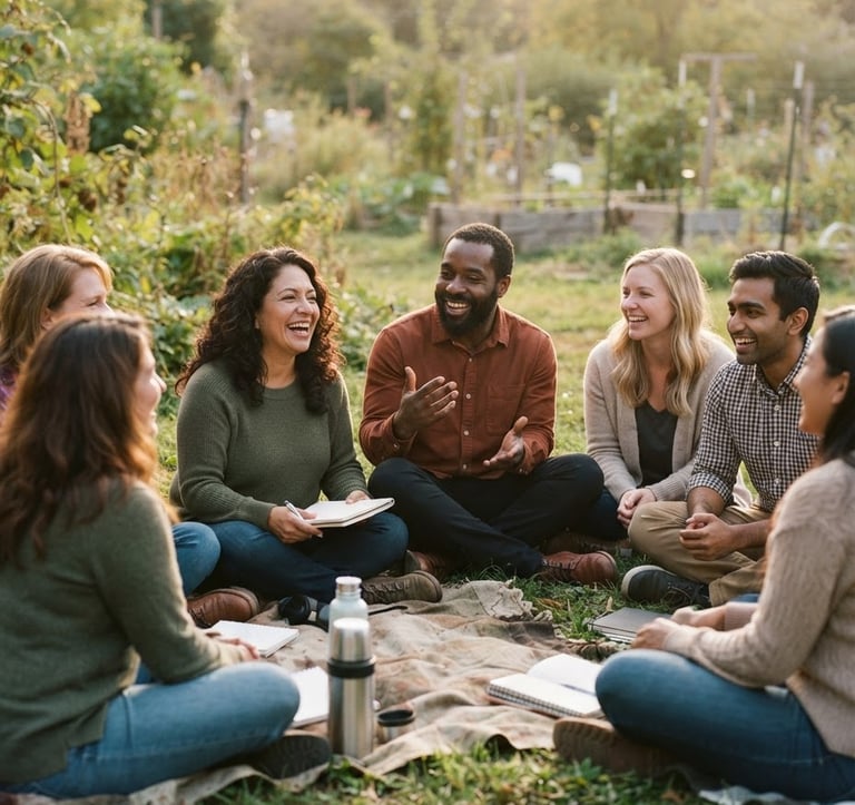 A warm, candid photograph of a diverse group of educators sitting in a circle outdoors, soft natural golden hour light, shallow depth of field, 35mm style