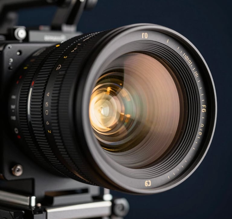 An extreme close-up of a professional cinema camera lens reflecting a warm gold studio light. The background is a blurred dark navy film set. The shot is high-contrast and emphasizes technical precision and modern cinematic craft.