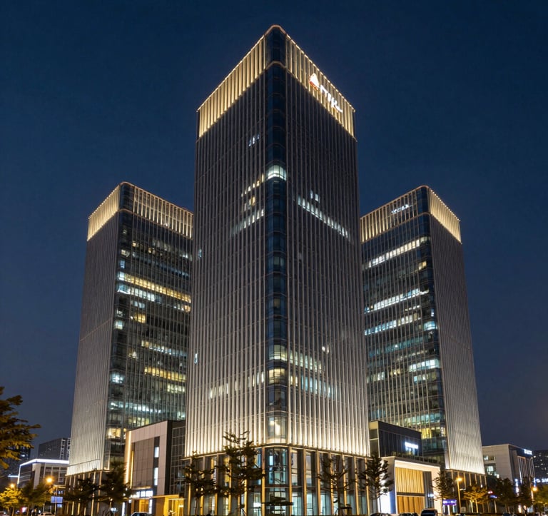 A wide shot of a modern architectural masterpiece in Seoul, South Korea. The building features sleek glass and steel with gold accent lighting at dusk. The sky is a deep navy. The composition is clean and minimalist, reflecting premium modern luxury.