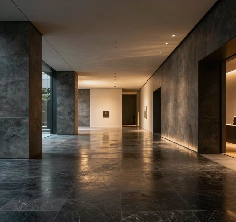 A high-end architectural photography shot of a sleek, modern gallery space in Seoul. The floor is polished dark stone reflecting soft gold ambient lighting. The atmosphere is quiet, luxurious, and cinematic.