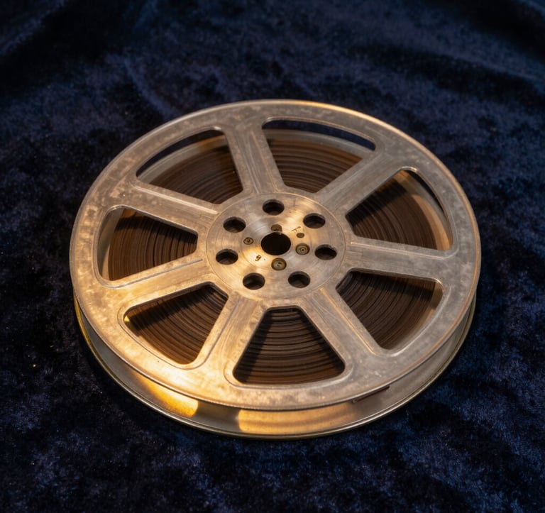 A close-up of a vintage film reel canister sitting on a dark navy velvet surface, illuminated by a sharp gold spotlight from the side. The metallic edges catch the light, suggesting a fusion of history and modern luxury.