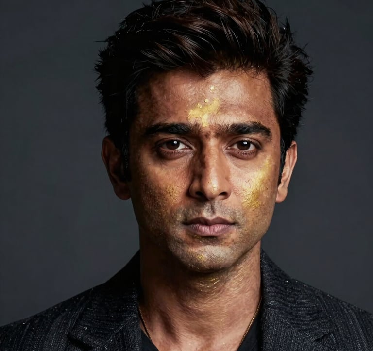 A stylized cinematic portrait of a South Asian / Indian actor in a dramatic lighting setup. The color palette features deep charcoal tones and a splash of metallic gold light across the face, evoking a premium theatrical atmosphere.