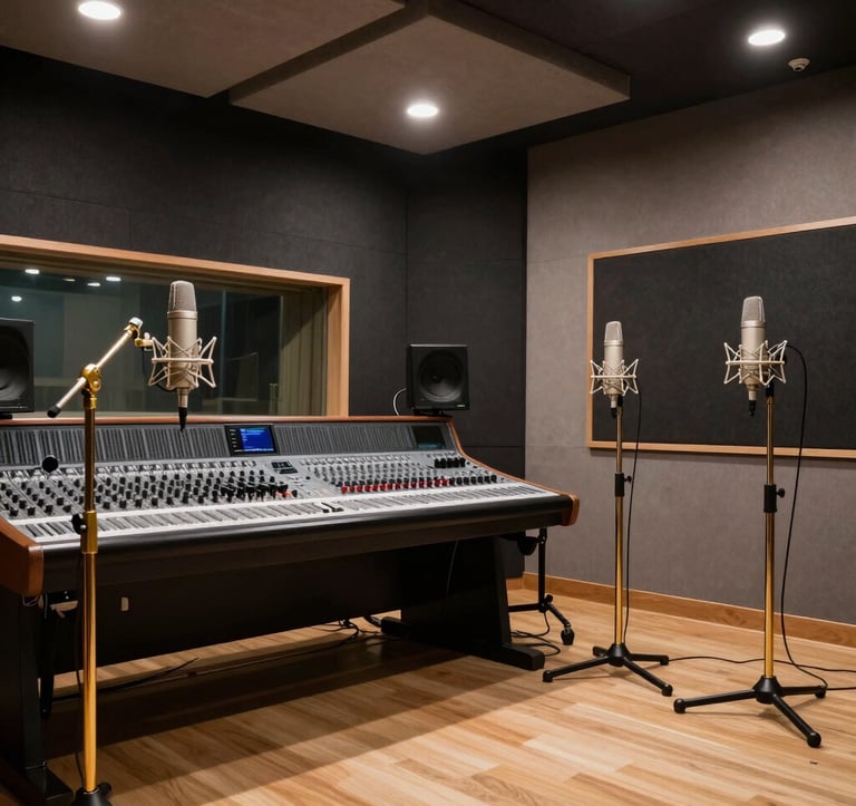 A high-end recording studio in a modern South Asian / Indian urban setting. The walls are soundproofed with deep charcoal panels, and the space features metallic gold microphone stands and professional mixing boards under soft white studio lights.