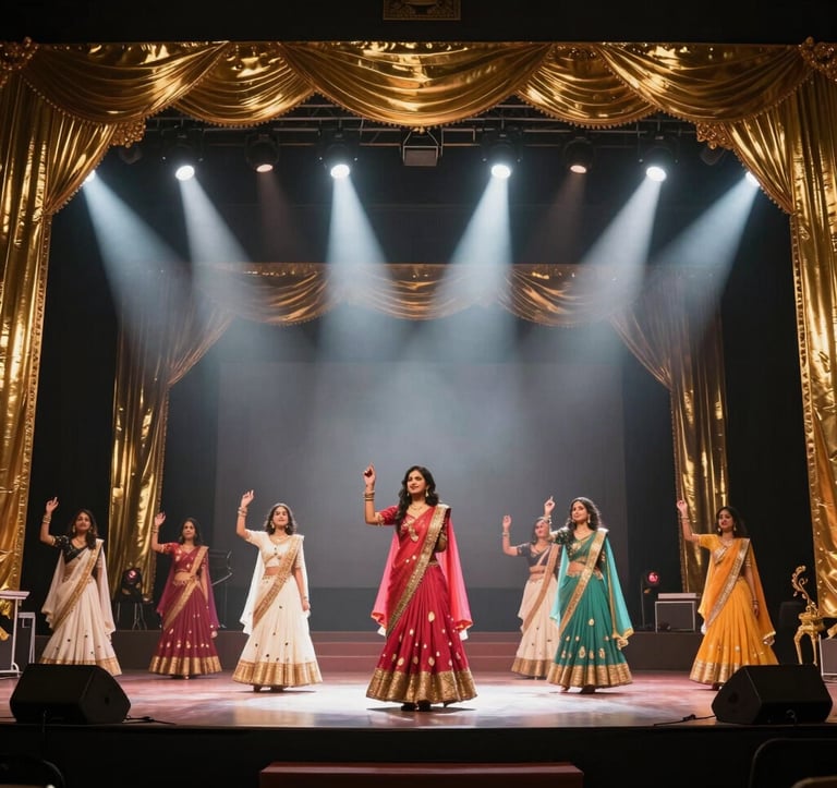 A vibrant and elegant live performance stage in a prestigious South Asian / Indian cultural center. The stage is framed with metallic gold draping and illuminated by professional white spotlights, capturing a high-energy cinematic moment.