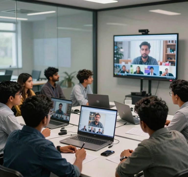 A group of diverse South Asian / Indian students engaged in an e-learning masterclass, looking at high-resolution screens with cinematic content. The environment is a sleek, modern academy with glassmorphism elements.