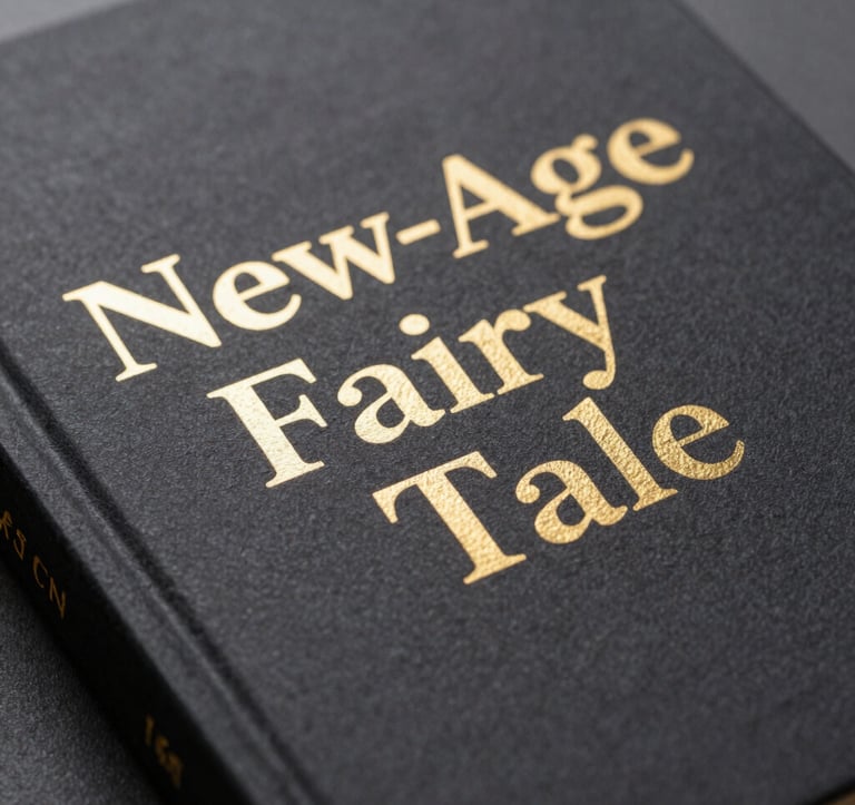 A close-up of a premium 'New-Age Fairy Tale' book. The cover features elegant serif typography and metallic gold foil embossing. It rests on a dark charcoal surface in a professional South Asian / Indian study.