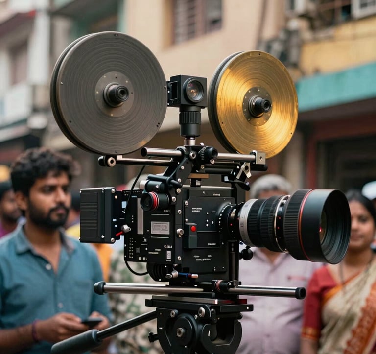 A dynamic close-up of a handheld film rig capturing a performance in a vibrant South Asian / Indian urban neighborhood, cinematic style with sharp focus and metallic gold highlights.