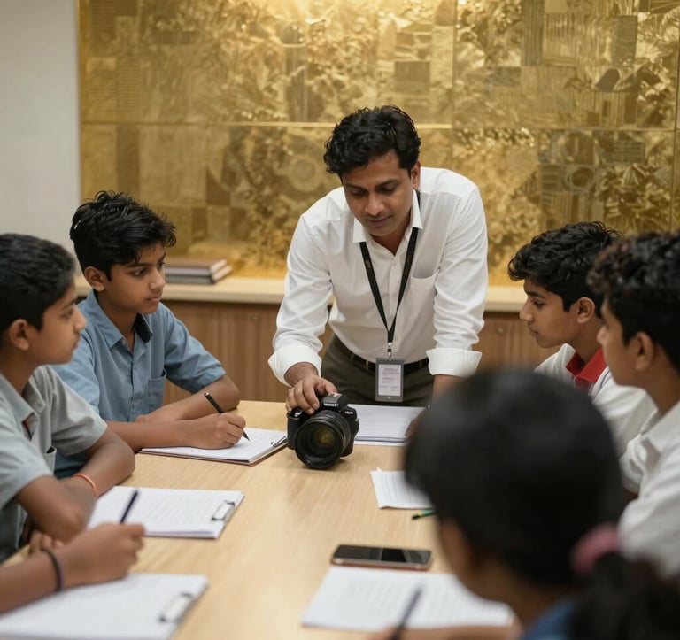 An inspiring photography of a media workshop in a South Asian / Indian city, where a professional mentor is guiding young students, metallic gold and white lighting.