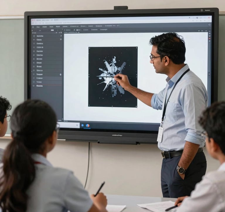 A professional mentor assisting a young student in a modern South Asian / Indian classroom environment. They are reviewing digital film projects on a large screen with high-contrast pitch black and white UI elements, reflecting the premium Academy brand.