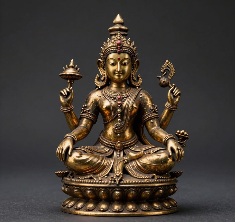 A macro photograph of an intricate South Asian / Indian handcrafted metallic sculpture. The lighting is moody and cinematic, highlighting gold textures against a deep charcoal background.