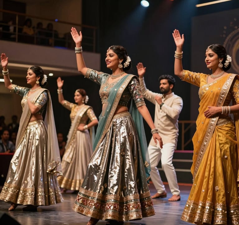 A vibrant, cinematic shot of a live theatrical performance in a modern South Asian / Indian venue. Performers are in elegant premium attire with metallic gold accents, captured in motion under dramatic theater lights.