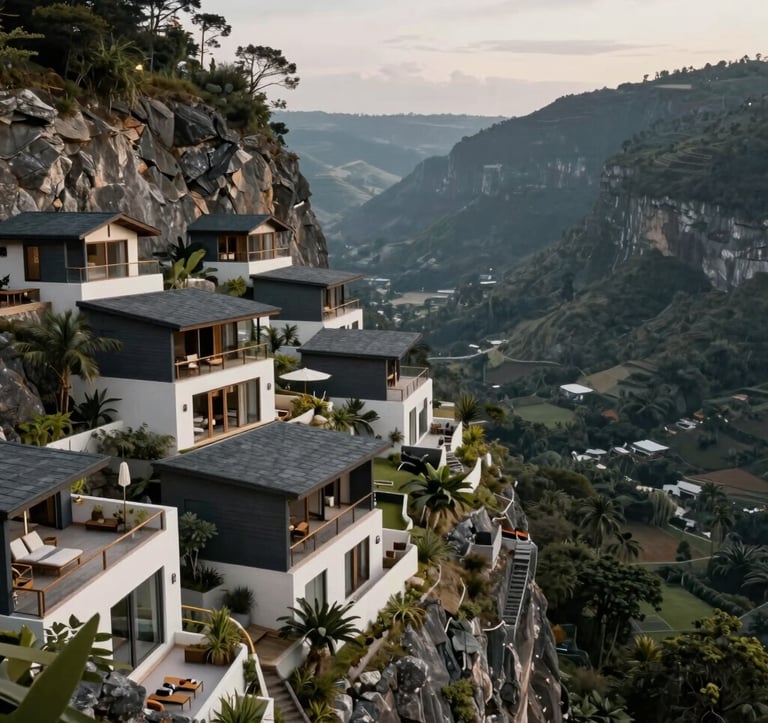 A wide, high-resolution shot of a sustainable eco-resort integrated into a cliffside, overlooking a pristine valley. The scene reflects luxury and environmental responsibility, using a palette of dark slate grey and off-white.