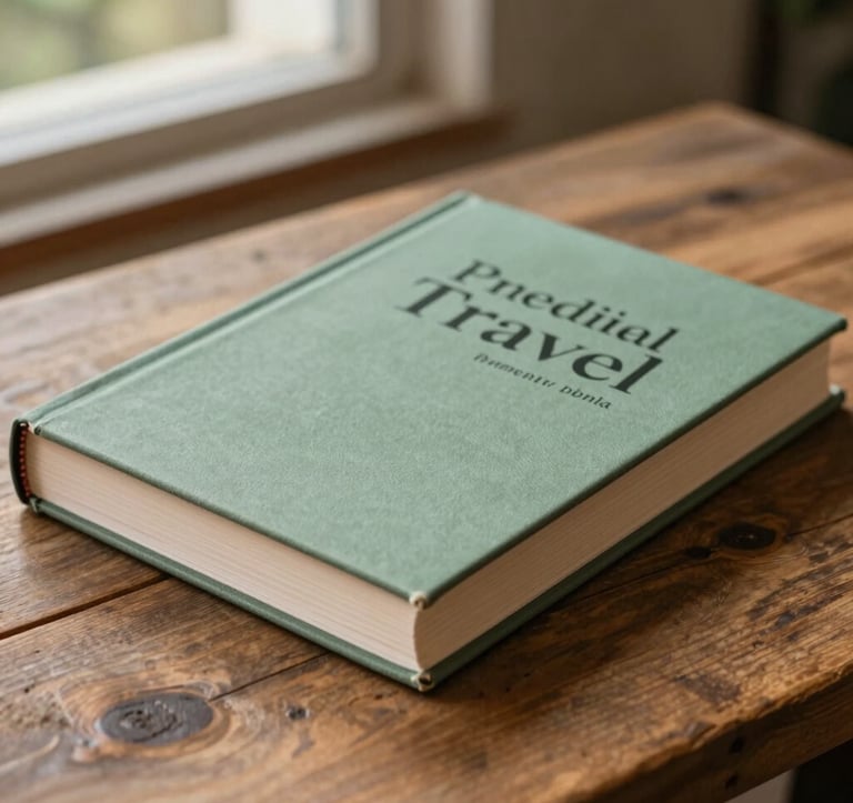 A close-up of a premium, hardcover travel book on a rustic wooden table. The cover is a minimalist soft sage green design with professional typography. In the background, a soft-focus view of a reading nook with a hint of nature.