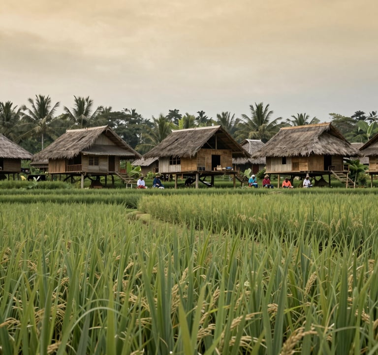 A wide landscape shot of a sustainable eco-village in Indonesia. Local craftsmen are visible in the background, surrounded by terraces of soft sage green rice fields under a warm, overcast sky.