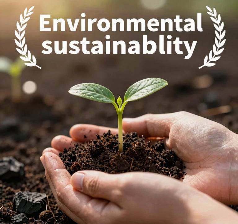 A close-up shot of a small green sprout being held by hands against a background of dark charcoal soil. The lighting is warm and hopeful, with soft pearl bokeh in the background. The image conveys a professional commitment to environmental sustainability.