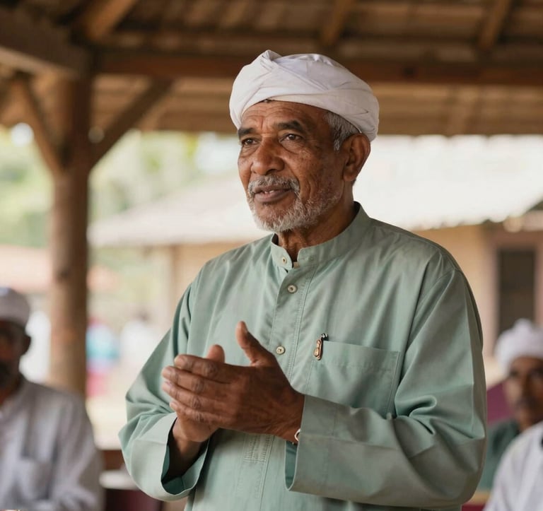 A professional portrait of a local community leader in traditional attire sharing stories under a wooden pavilion. The lighting is warm and inviting, emphasizing a mood of trust and cultural connection using soft sage and muted sea green tones.