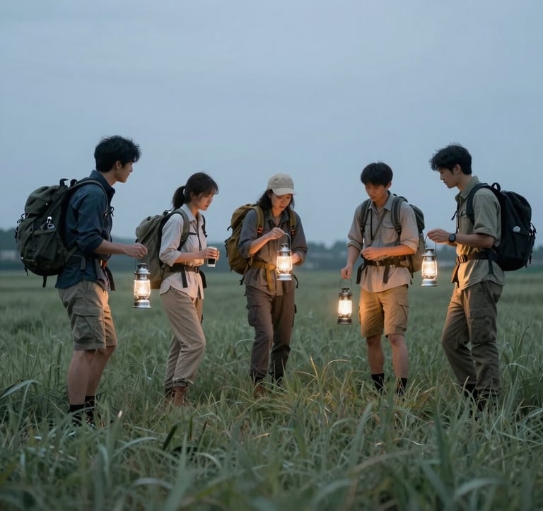 A group of explorers engaged in an immersive outdoor activity, viewed from a medium distance in a pale sage green meadow at twilight. The scene is lit by the soft pearl glow of a lantern, creating an inviting atmosphere.