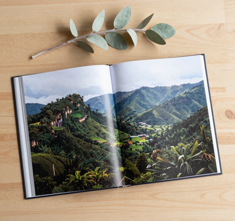 A top-down aesthetic shot of an open coffee table book featuring high-quality photography of Indonesian landscapes. The book sits on a light wooden surface. Beside it is a small branch with pale sage green leaves. The lighting is bright and clean, professional publishing style.