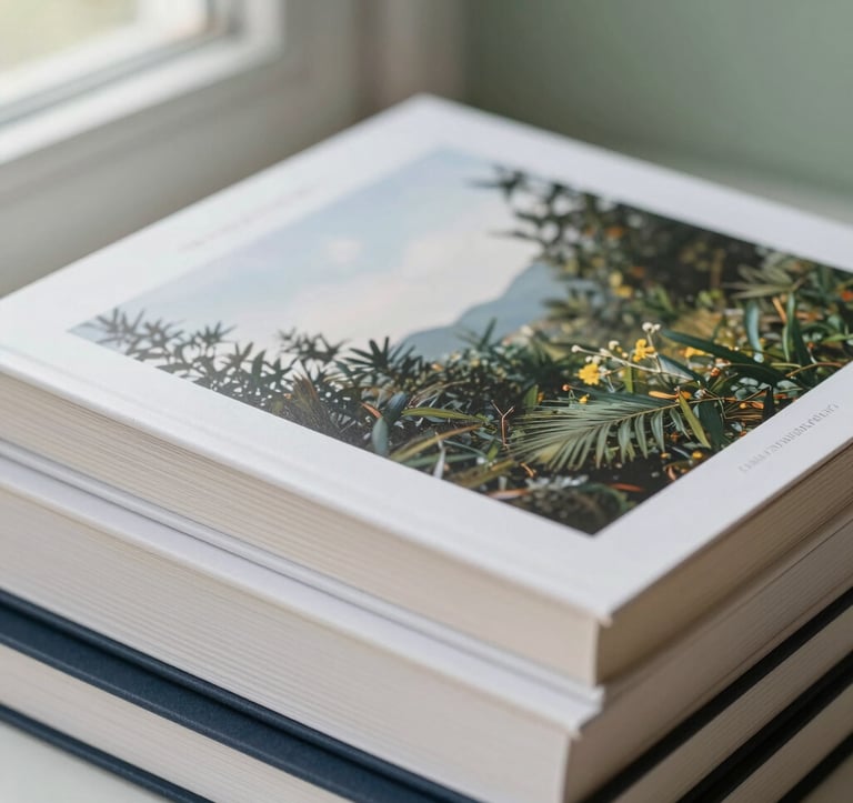 A minimalist, high-end close-up of a stack of professionally published books. The book covers feature elegant nature photography and clean typography. Soft natural lighting from a nearby window, with soft sage green accents in the background.