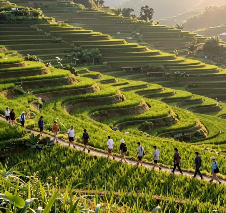 A professional wide-angle shot of travelers walking through lush green terraced rice fields during the golden hour. The lighting is warm and inviting, highlighting natural earth tones.