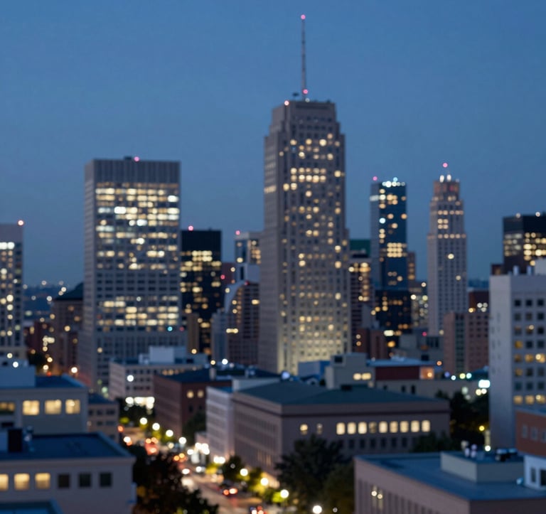 A wide shot of an urban cityscape at dusk with a focus on institutional buildings. The lights are coming on, symbolizing continuous work and commitment. Blue and navy tones #0F1D2C dominate with points of light #F4F7FA.