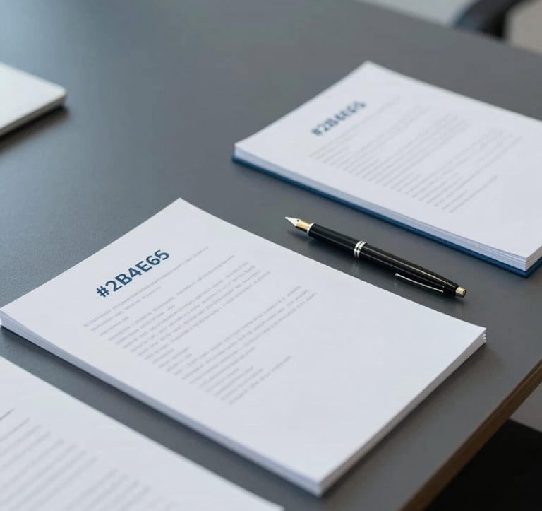 A minimalist overhead shot of a boardroom table with neatly arranged documents and a fountain pen. The lighting is professional and soft, conveying a mood of serious deliberation and stability. Colors: #2B4E6B and #F4F7FA.