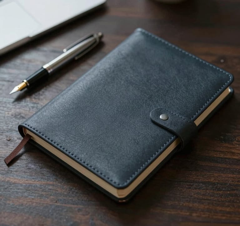A top-down, clean view of an analytical workspace with a single fountain pen and a leather-bound journal on a dark wooden surface. The mood is focused and nonpartisan. Tones include #0F1D2C and muted metallic highlights.