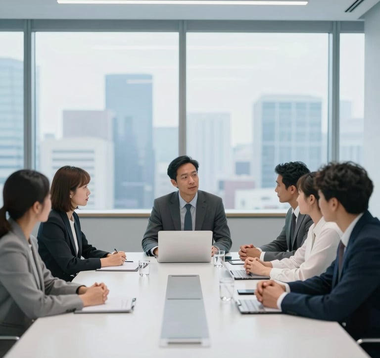 A group of diverse professionals in a minimalist, light-filled boardroom (#F4F7FA) engaged in a focused discussion. A glass wall in the background shows a cityscape in soft blue tones (#2B4E6B), suggesting collaborative leadership.