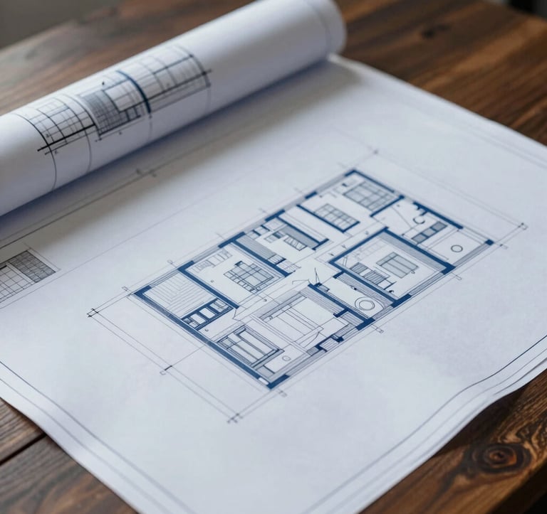 A close-up of high-quality architectural blueprints and structural plans lying on a dark wood table. Cool, analytical light highlighting the precision of the lines in grey-blue (#94A7B7) and mid-blue (#2B4E6B) tones, suggesting an operational and systems-focused approach.