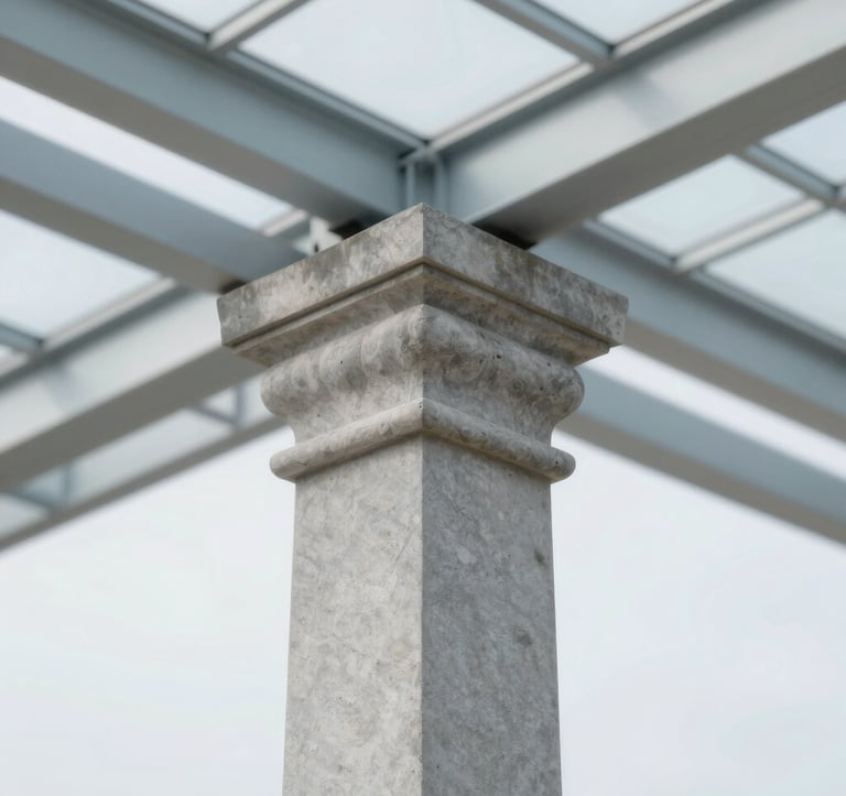 A minimalist, professional photograph of a classic stone pillar detail meeting a modern glass roof, symbolizing the bridge between traditional stability and modern renewal. Highlights of #94A7B7 and #F4F7FA are used.