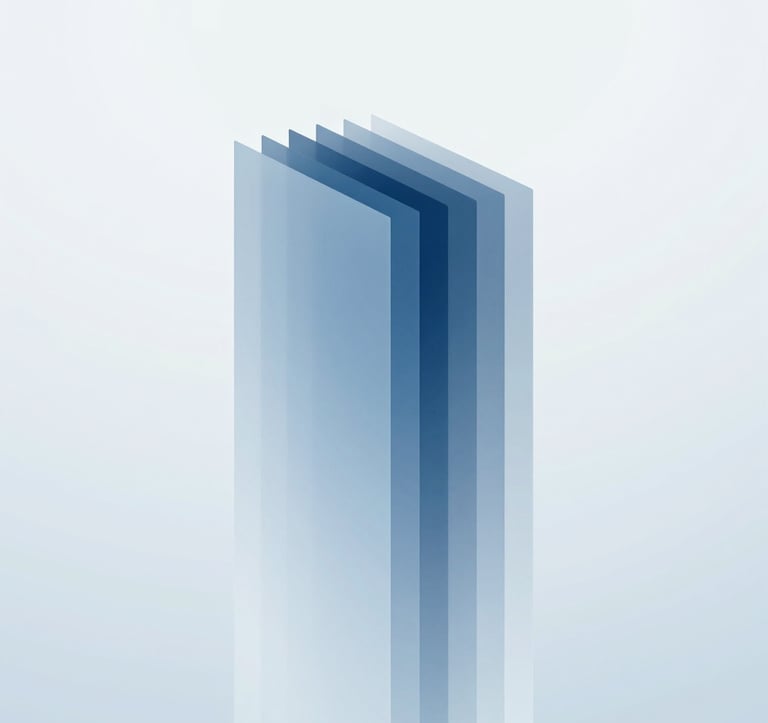 An abstract 3D visualization of multiple translucent blue layers aligning into a single vertical column. The style is technical and forward-thinking, emphasizing #94A7B7 and #2B4E6B tones.