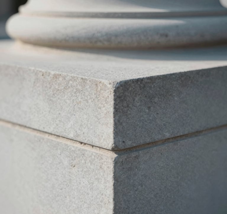 A close-up shot of a solid stone foundation block with precise architectural lines, symbolizing stability and organizational integrity. Muted lighting with hints of #2B4E6B shadows and #F4F7FA highlights.