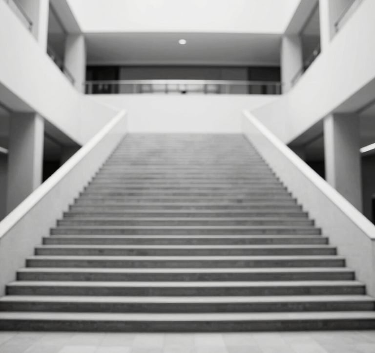 A black and white architectural detail of symmetrical stairs leading to a high-ceilinged atrium. The composition is clean and analytical, highlighting structure and order. Hints of brand color #94A7B7 in the shadows.