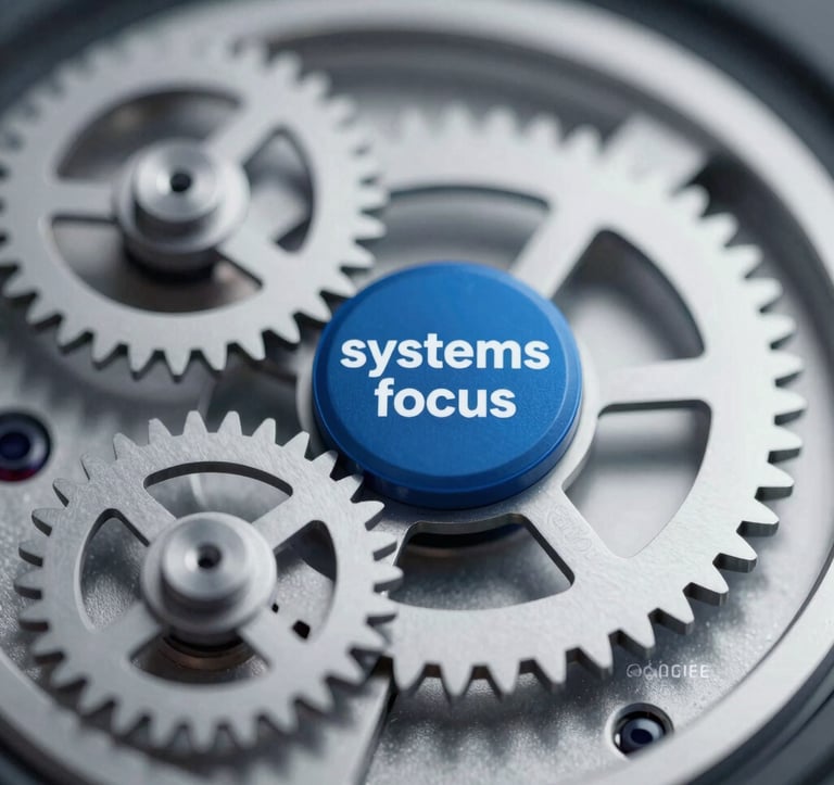 A conceptual photograph of a high-end mechanical clockwork mechanism with polished steel gears. The image is clean, sharp, and represents 'systems focus'. Color palette includes deep blues #2B4E6B and cool greys.