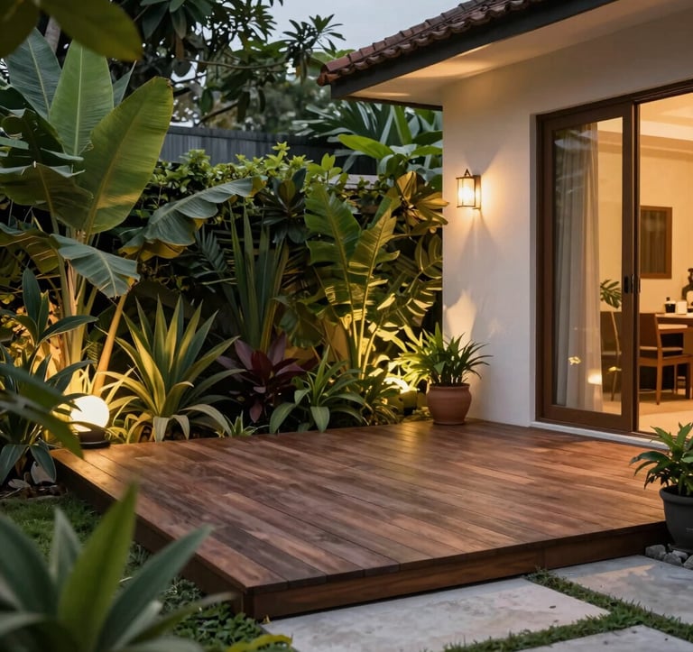 Close-up photography of a beautifully designed backyard in an Indonesian modern home. A wooden patio is surrounded by lush green plants and soft warm garden lighting at dusk. The atmosphere is peaceful and intimate, suitable for family gatherings. Southeast Asian / Indonesian context.