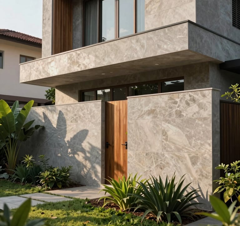 Close-up photography of a modern minimalist house facade at Wijaya Residence. High-quality natural stone textures, clean lines, and warm wood accents. The lighting is bright morning sunlight, highlighting the lush green garden in the foreground. Set in an Indonesian residential area.