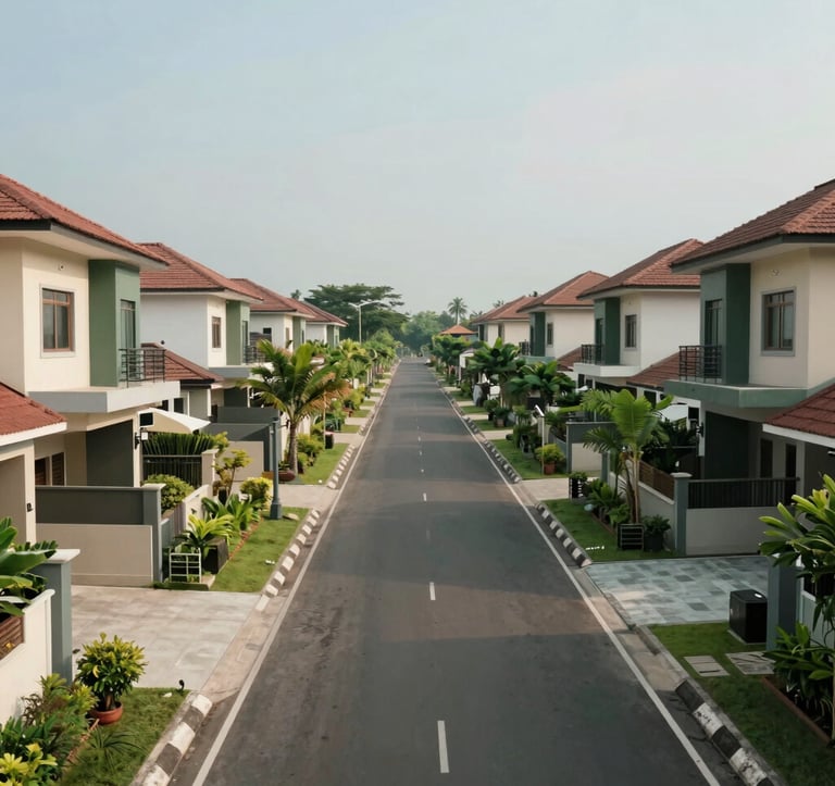 An eye-level perspective of a clean residential street in an Indonesian housing complex. Neatly paved roads, modern houses with small green gardens, and a peaceful atmosphere. The color palette features soft beige, dark green, and medium green tones under a clear sky.
