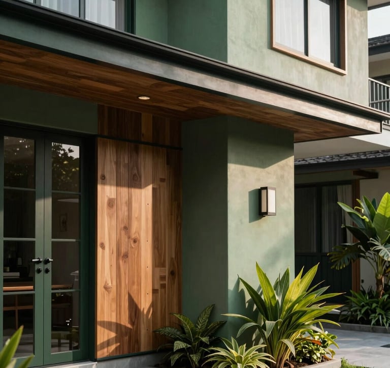 A photography showing a close-up detail of a house facade at Wijaya Residence. Features dark green and sage green accents, clean wooden textures, and a small front garden with tropical plants. The lighting is soft morning sunlight, emphasizing the elegant and calm mood.